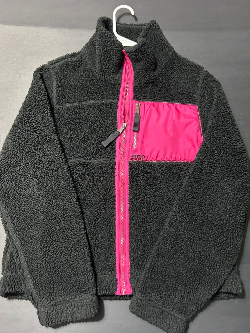 Polo by Ralph Lauren women’s Black Sherpa Jacket with Pink Chest Pocket